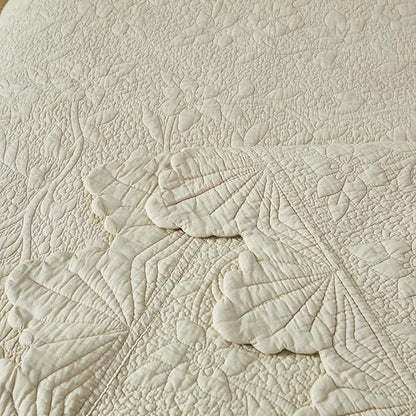 Brandream Queen Size Quilt Set Cotton Beige Quilts Luxury Farmhouse Bedding Set Matelasse Coverlet Scalloped Quilt Set 3-Piece