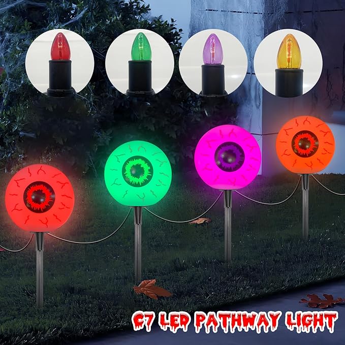 Halloween Eyeball Lights Outdoor,4PCS 3D Eyeball Pathway Lights with Stake,Waterproof Cute C7 Outdoor Light Up Eyes for Halloween Bushes Driveway Garden Yard Lawn Decor