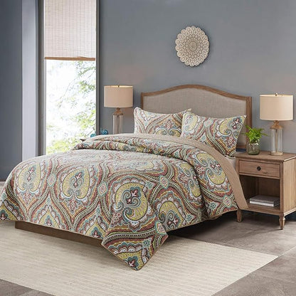 NEWLAKE Cotton Bedspread Quilt Sets-Reversible Patchwork Coverlet Set, European Paisley Blossom Pattern, King Size