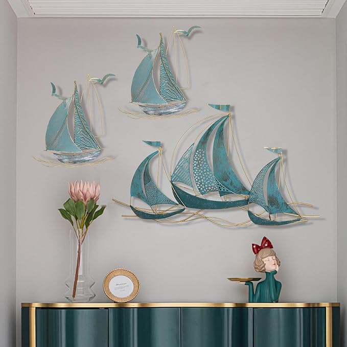 3 PCS Metal Wall Art Large Metal Sailboat Wall Decor, Metal Ship Wall Decorations, Large Metal Ship Wall Decor for Living Room, Bedroom, Modern Home Wall Sculpture for Office, Bedroom