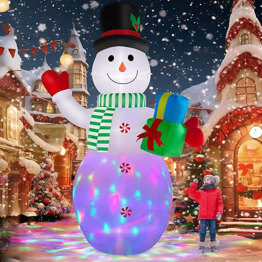 12FT Christmas Inflatables Snowman Outdoor Decorations, Giant Christmas Blow Up Snowman Inflatable Christmas Decorations with Rotating Colorful LED Light for Holiday Party Garden Yard Decor
