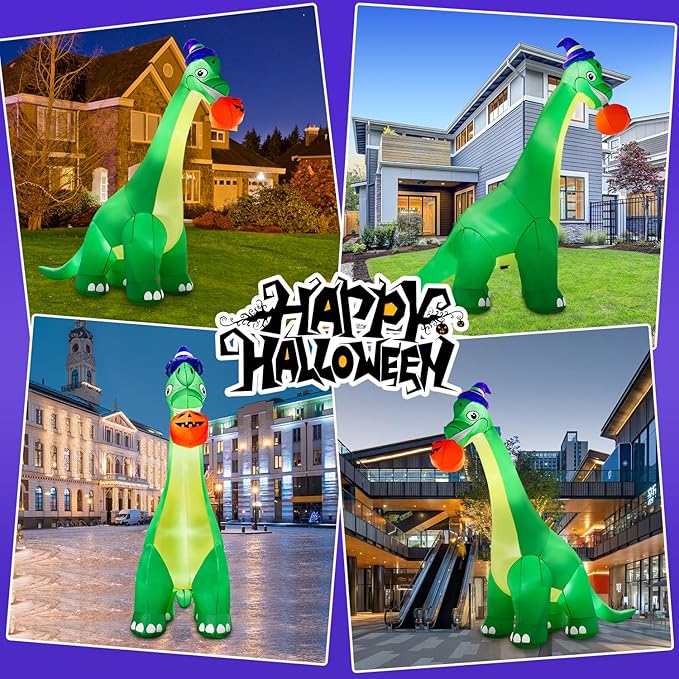 13Ft Giant Halloween Dinosaur Inflatable Decorations, Bite Large Pumpkin with Witch Hat Build-in LED Light Strong Blower Huge Blow Up Yard Clearance Decor for Outdoor Indoor Holiday Party Yard