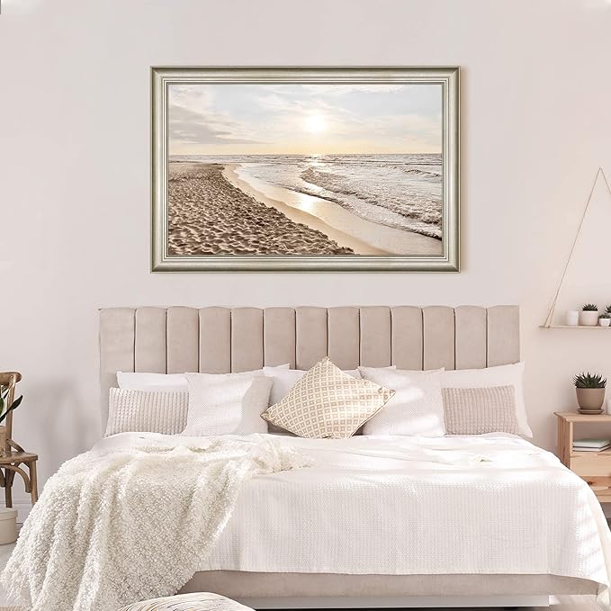 Coastal Beach Picture Wall Art: Sunset Ocean Framed Artwork Modern Sea Waves Canvas Painting Tropical Scenery Nature Sands Seaside Seacape Prints for Bathroom Living Room Bedroom