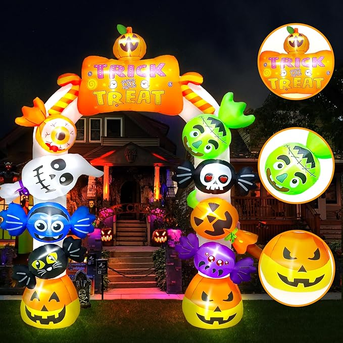 Kalolary 10FT Tall Halloween Inflatables Archway Candy Ghost, Giant Halloween Outdoors Decoration Pumpkin Arch Blow Up Yard Decorations with Build-in Lights for Yard Garden Lawn Indoor Outdoor Decor