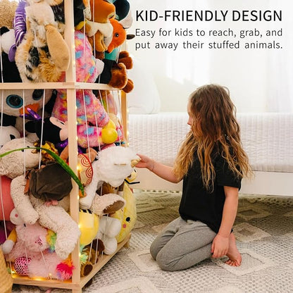 PUTSKA Extra Large Stuffed Animal Storage Zoo with LED Lights - Wooden Stuffed Animal Holder and Organizer, Stuffy & Plushies Storage, Space-Saving Plush Toy Holder for Nursery, Playroom or Kids Room