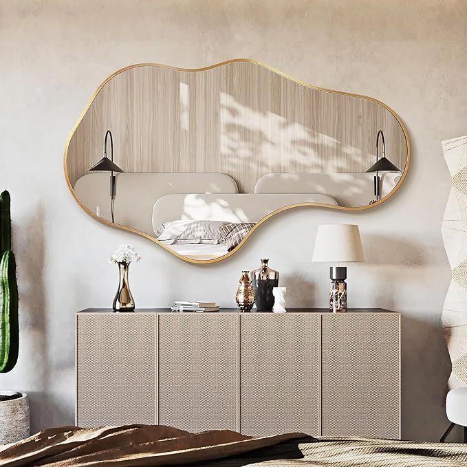 Irregular Wall Mirror - Wall Mirrors Decorative 26"x 43" Asymmetrical Abstract Mirror Aviation Aluminum Alloy Frame Unique for Bathroom, Bedroom, Living Room, Cloakroom, Entryway Gold