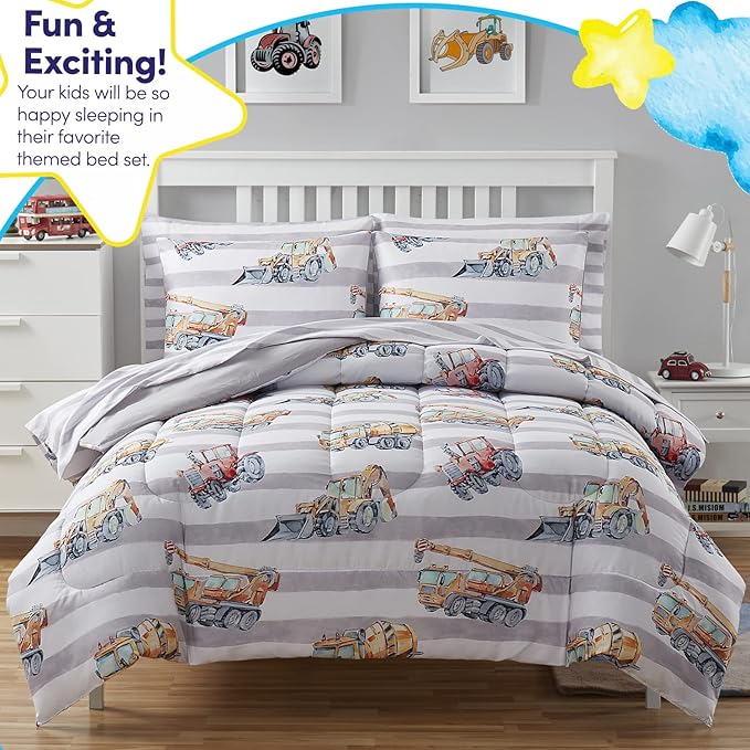 Kids Bedding Set Bed in a Bag for Boys and Girls Toddlers Printed Sheet Set and Comforter , Twin, Trucks