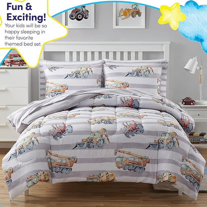 Kids Bedding Set Bed in a Bag for Boys and Girls Toddlers Printed Sheet Set and Comforter , Twin, Trucks