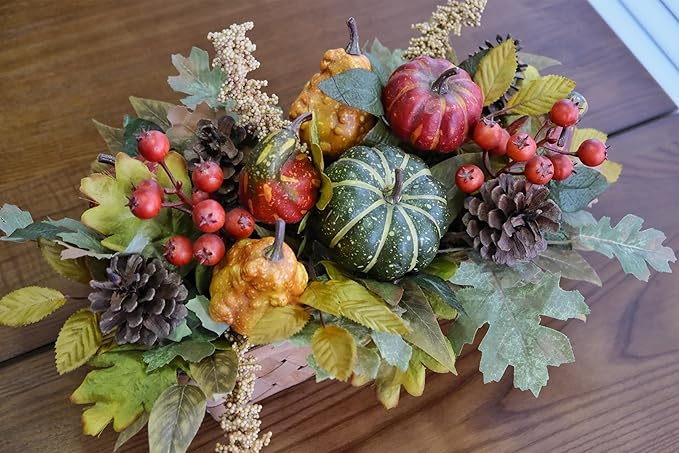 Fall Decor - Faux Pumpkins, Pine Cones, Berries and Maple Leaves in Rectangular Woven Basket for Table Centerpiece, Shelf, Mantel - Autumn Thanksgiving Arrangement for Home Indoor Outdoor - 14" Long