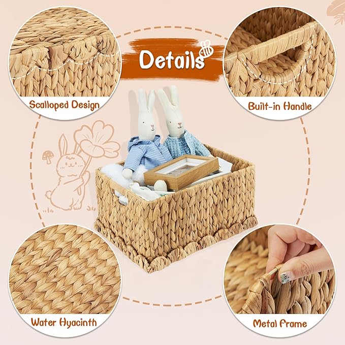 FairyHaus Wicker Basket with Lid, Scalloped Wicker Storage Basket with Removable Tray Lid, Handwoven Natural Water Hyacinth Bakests with Handles for Nursery 2Pack, 15 x 11.22 x 7 & 13 x 9.45 x 5.9
