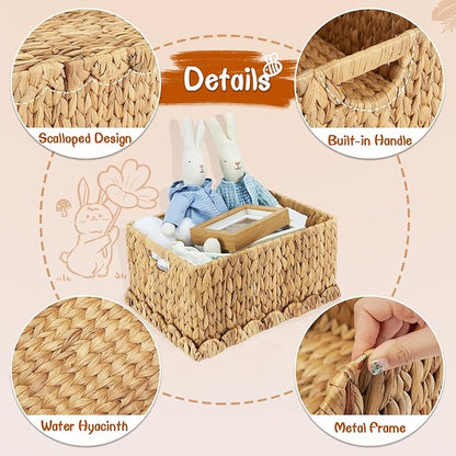 FairyHaus Wicker Basket with Lid, Scalloped Wicker Storage Basket with Removable Tray Lid, Handwoven Natural Water Hyacinth Bakests with Handles for Nursery 2Pack, 15 x 11.22 x 7 & 13 x 9.45 x 5.9