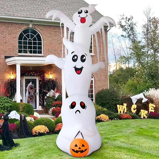 GOOSH 9.8 FT High Halloween Inflatable Overlap Ghost Outdoor Decorations Blow Up Yard with Built-in LEDs for Garden Lawn Indoor Party Decor (Three Ghosts)