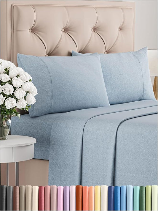 CGK Linens Twin 4 Piece Sheet Set - Cooling Sheets for Hot Sleepers - Hotel Luxury Bedding Set with 8-16 Inch Deep Pockets - 1 Flat & 1 Fitted & 2 Pillowcases - Soft and Wrinkle Free - Heathered Blue