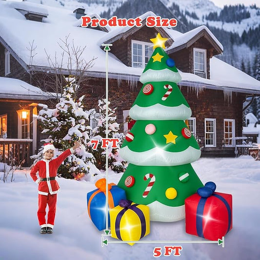 7 FT Christmas Inflatable Tree Outdoor Decorations, Blow up Christmas Tree with 3 Gift Boxes Yard Decoration Built-in LED Lights for Garden Lawn Holiday Decor