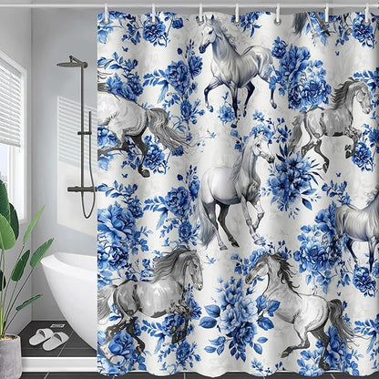 AILONEN Blue Floral Horse Shower Curtain,Farm Animal Printed Galloping Horse Bath Curtain,Minimalist Flower Girls Women Bathroom Curtain Decor, 72" W x 78" H