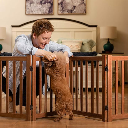 LZRS 4-Panel Wooden Free Standing Foldable Dog Gate – 24" High, Extra Wide Step-Over Safety Pet Gate for Doorways, Stairs, Hallways, Large Spaces & Playpen for Puppies Indoor Use, Oak
