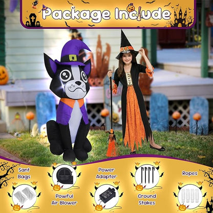 4FT Halloween Inflatable Decor Dog Purple Hat Halloween Blow Up Decoration with LED Lights Indoor Outdoor Yard Graden Party Holiday Decor