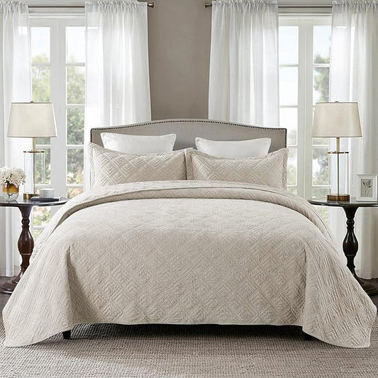 HoneiLife Bedspread Quilt Set Queen - 3 Piece Embroidered Corduroy Bedspreads Luxurious Coverlet Lightweight Bedcover Warm Bedding Set All Season Quilts-Greyish White, Queen Size