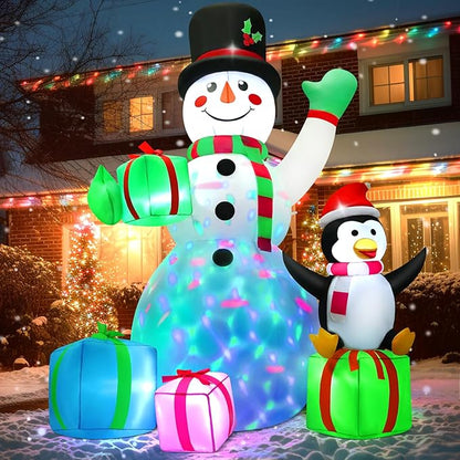7 FT Christmas Inflatable Snowman Outdoor Decoration with Build-in Multicolor LEDs, Snowman with 4 Gifts Blow Up Inflatables Christmas for Yard Garden Lawn Xmas Holiday Decor