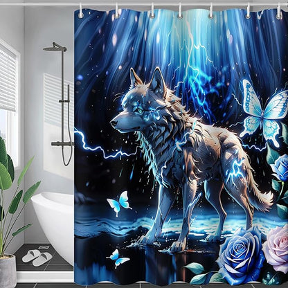 AILONEN Lightning Wolf Shower Curtain for Bathroom,3D Print Glowing Wolf Print Bath Curtain for Boys Men Kids,Raining Wolf Waterproof Bathroom Decor Blue Curtain with 12 Plastic Hooks, 72" W*96" H