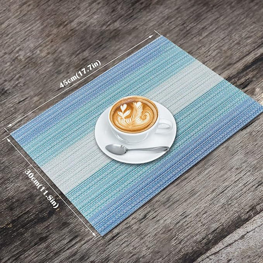 HeloHo Blue Placemats Set of 6,Stain-Resistant Kitchen Table Mats Washable Placemats Crossweave Woven Vinyl Placemat for Kitchen Dining Table