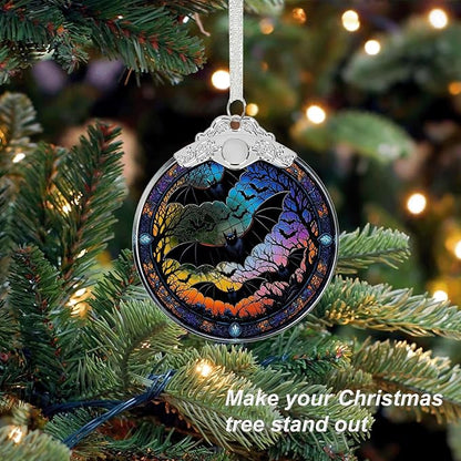 Bat Under Moonlight Halloween Christmas Tree Ornament Glass- Hanging Ornaments for Christmas Tree Decorations - Holiday Keepsake Present Exchange Idea