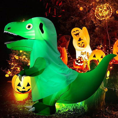 6 FT Halloween Inflatables Dinosaur Outdoor Decorations Ghost Dinosaur with Pumpkin Inflatables Decoration with Built in LEDs for Halloween Party Yard Lawn Garden Decor
