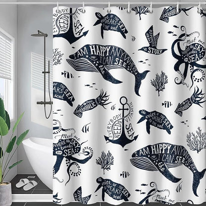 AILONEN Whale Shower Curtain Cartoon Gull Sea Turtle Octopus Bath Curtain Ocean Animal Blue Printed Shower Curtain 72" W*96" H Minimalist Bathroom Curtain Polyester Waterproof Curtain with 12 Hooks