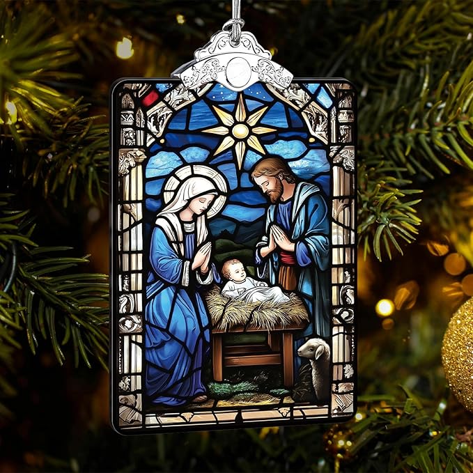 Nativity Scene Stained Glass Ornament, 2025 Christmas Tree Hanging Decoration for Gift Exchange or Religious Holiday Display, 3.8 x 2.4 Inch