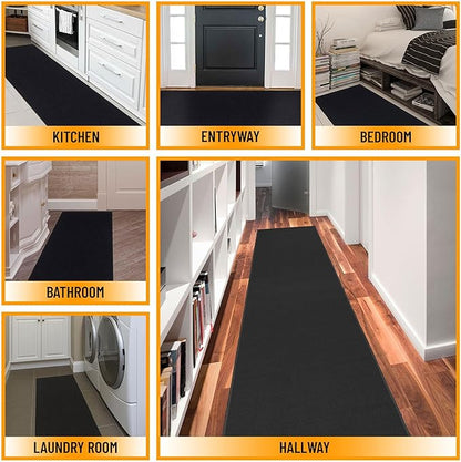 Machine Washable Modern Solid Design Non-Slip Rubberback Traditional Runner Rug for Hallway, Kitchen, Bedroom, Living Room, 2'7" x 12', Solid Black