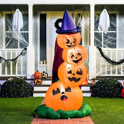Joiedomi 6 FT Halloween Inflatables Outdoor Decorations, Blow Up Yard Decorations Inflatable Pumpkins with Witch Hat with Build-in LEDs, Stacked Pumpkins Blow Ups for Yard, Halloween Decor