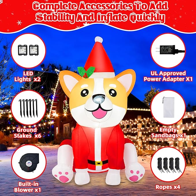 B&D 4FT Christmas Inflatables Dog Outdoor Decorations, Christmas Blow Up Corgi Dog with Built-in LED Lights Inflatable Xmas Decorations for Gifts Party Indoor Outdoor Yard Lawn Garden Decor