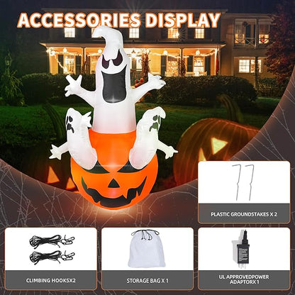 Dearsun 6FT H Halloween Inflatable Pumpkin Ghosts with Build-in LED Lights, Blow up Halloween Inflatable for Indoor Outdoor Party Garden Lawn Holiday Decor (Three Ghosts with Pumpkin)