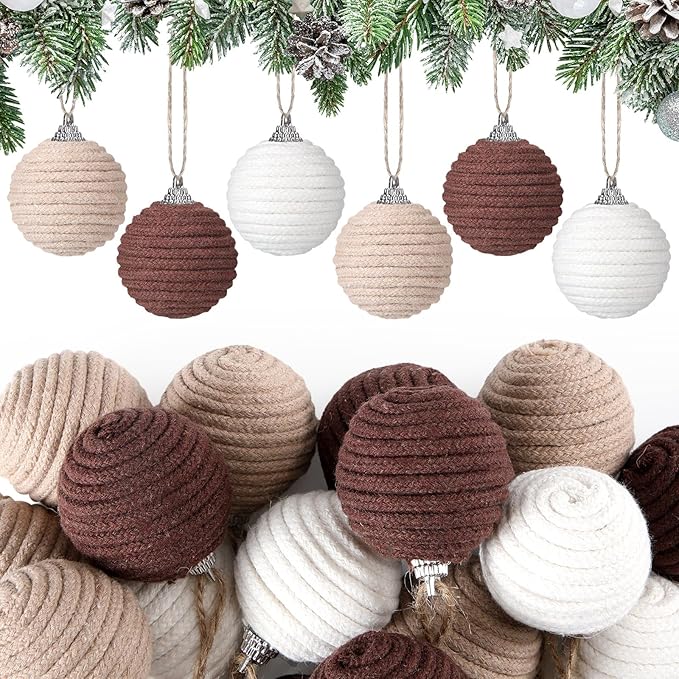 Syhood 18 Pcs 1.57 Inch Christmas Ball Ornaments Boho Farmhouse Jute Rope Hanging Balls Burlap Neutral Rustic Ornaments for Xmas Tree Holiday Wreath Garland Wedding Home