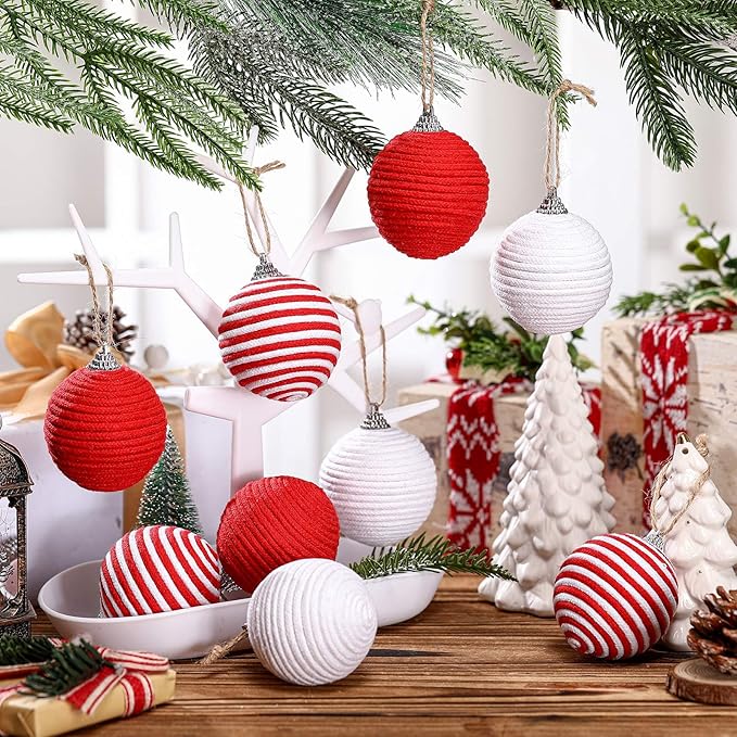Syhood 9 Pcs 2.36 Inch Christmas Ball Ornaments Boho Farmhouse Jute Rope Hanging Balls Burlap Neutral Rustic Ornaments for Xmas Tree Holiday Wreath Garland Wedding Home(Red, White, Red and White)