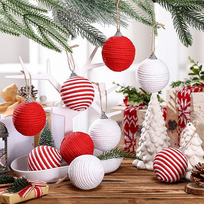Syhood 9 Pcs 2.36 Inch Christmas Ball Ornaments Boho Farmhouse Jute Rope Hanging Balls Burlap Neutral Rustic Ornaments for Xmas Tree Holiday Wreath Garland Wedding Home(Red, White, Red and White)