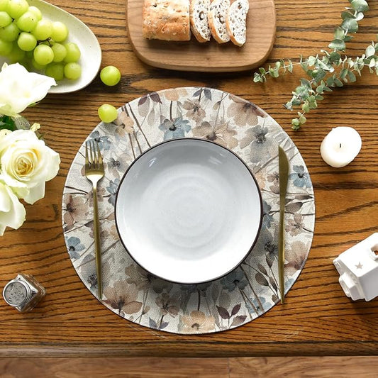 Artoid Mode Brown Poppy Floral Leaves Round Placemats Set of 4,15 Inch Seasonal Summer Table Mats for Party Kitchen Dining Decoration