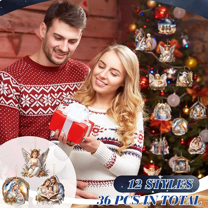 Suzile 36 Pcs Christmas Wooden Ornaments Nativity Ornaments Religious Christmas Decorations for Tree Wreaths Xmas Birth of Jesus Hanging Wood Cutouts Decor for Farmhouse Home Christian Party Favors