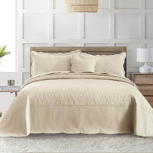 HoneiLife Oversized King Bedspreads - California King Quilt 120x120,4-Piece Cal King Quilt Sets,Rustic Bedding Sets King Size,Reversible Coverlets Lightweight Bed Cover for All Season Use-Khaki