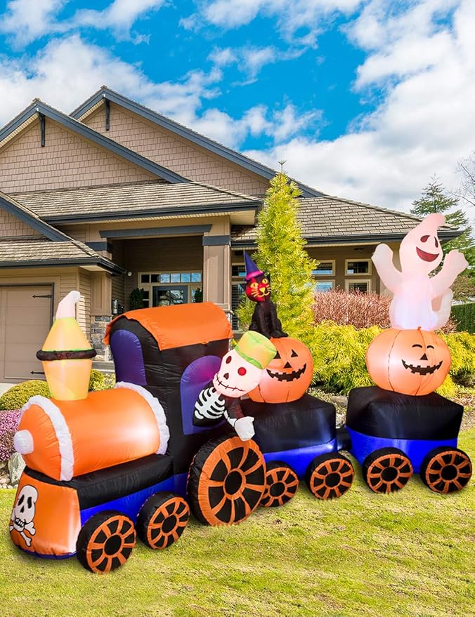 AJY 9 Feet Halloween Inflatable Train with Kittens White Ghosts/Pumpkin with LED Lights Blow up Lighted Yard Decor Giant Lawn Halloween Inflatable Home Garden Party Favor Decoration