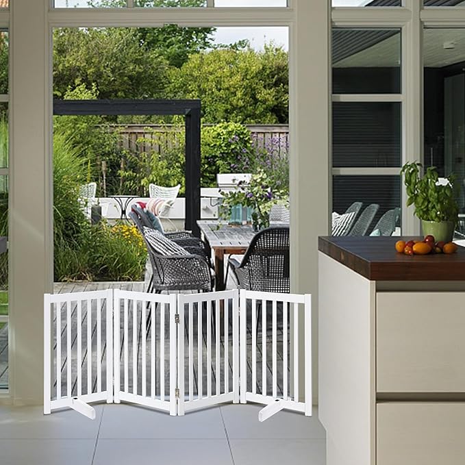 LZRS Solid Hardwood Freestanding Pet Gate, White, 30" Height-4 Panels, Dog, All Ages, Wood