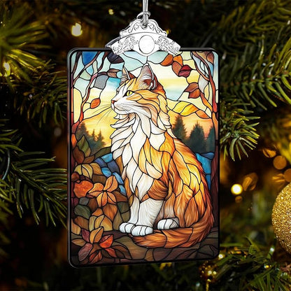Orange Cat Stained Glass 2025 Christmas Ornament, Autumn Sunset-Inspired Christmas Tree Hanging Decoration for Pet Lovers, or Stocking Stuffer, 3.8 x 2.4 Inch