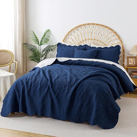 HoneiLife Queen Quilt Bedding Set - Microfiber Quilt Sets for Queen Bed, 3-Piece Lightweight Bedspreads,Reversible Coverlets Rustic Bed Cover, Floral Bedding Set All Season Quilts-Navy