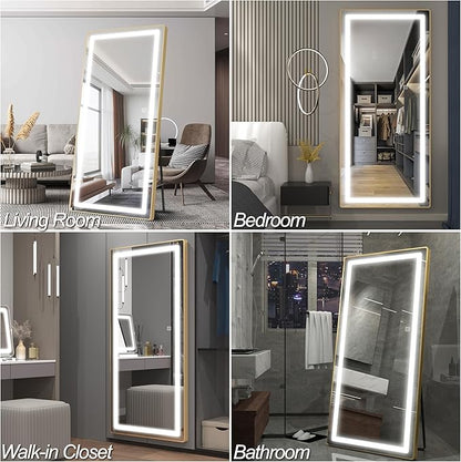 FENNIO Full Length Mirror with Lights, 71"x32" LED Full Body, Free Standing Lighted Floor Mirror, Wall Mounted Hanging Mirror for Bedroom, Salon, 3-Color Lighting [Tempered Glass]