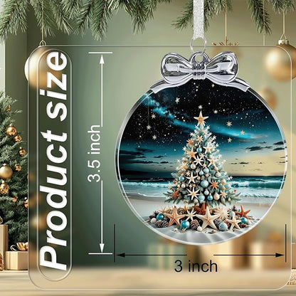 Seaside Christmas Tree Stained Glass Christmas Ornament - Hanging Ornaments for Christmas Tree Decorations - Holiday Keepsake Present Exchange Idea