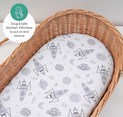 TansyPanda Bassinet Sheets for Baby Delight Snuggle Nest, Chicco LullaGo, Fisher-Price Soothing, SNOO Smart, 3PC, 18 x 30 Inch, Ultra Soft, Breathable, Snug Fit, Unisex Boys, Girls (Space Rockets)