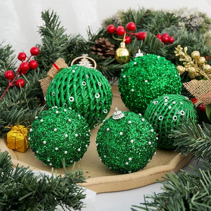3.15" Christmas Ball Ornaments Glitter Shatterproof Christmas Tree Ornaments Sequin Xmas Hanging Balls Decorations for Wedding Party Holiday(Green, 12pc-8cm)