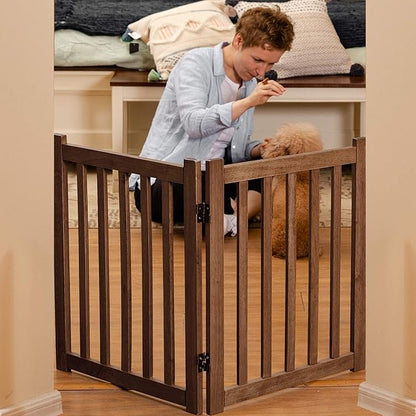 LZRS 2-Panel Wooden Free Standing Foldable Dog Gate – Solid Hardwood 24" High, Step-Over Safety Pet Gate for Doorways, Stairs & Small Spaces - Indoor Use, Oak
