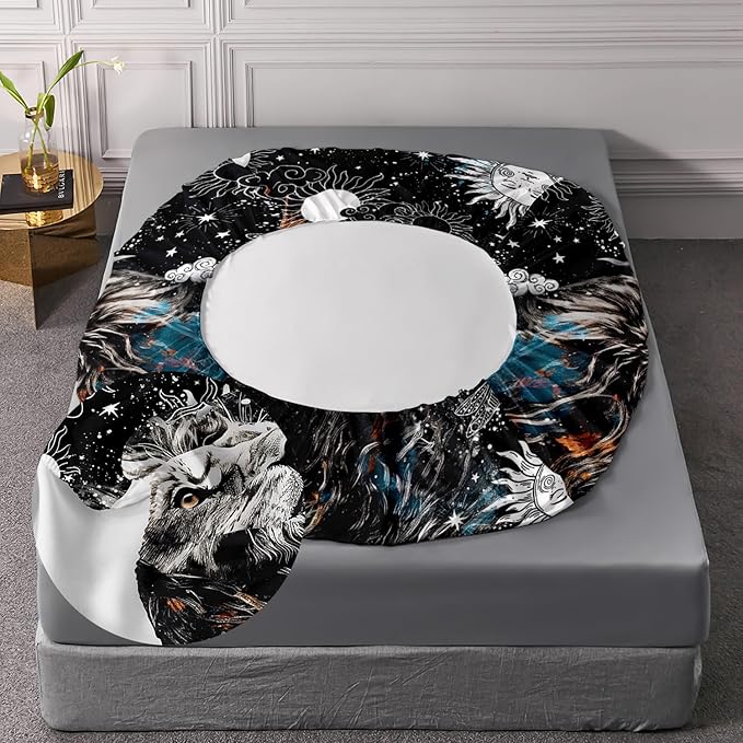 AILONEN Lion Print Twin XL Size Fitted Sheet Set for Boys, Sun and Moon Bed Sheet Cover Set TwinXL,3 Pieces Black and White Sheet Set TwinXL Galaxy Lion Fitted Sheet with 2 Pillowcases