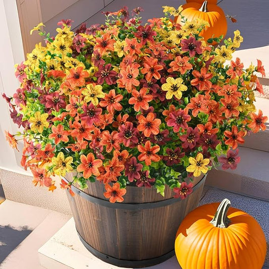 Artificial Mums Flowers Outdoors Autumn Decor, Fall Fake Silk Daisy UV Resistant, 12 Bundles Outside Faux Flower Plants for Home Garden Porch Patio Yard Balcony Window (Yellow Brown Orange)